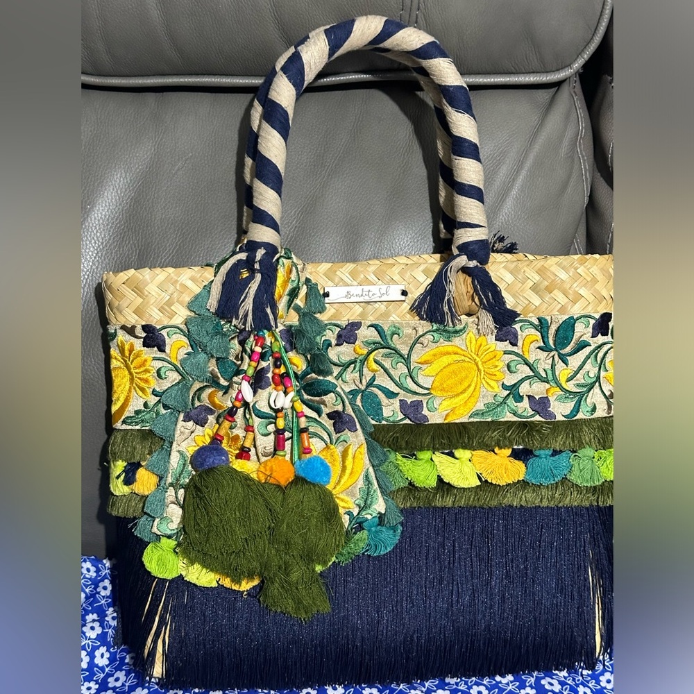 New, large straw tote bag, handmade, custom design.
